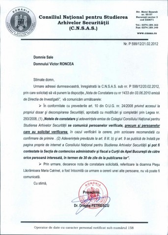 Raspuns  CNSAS Victor Roncea Ziaristi Online cazul Catrinel Plesu ICR DIE