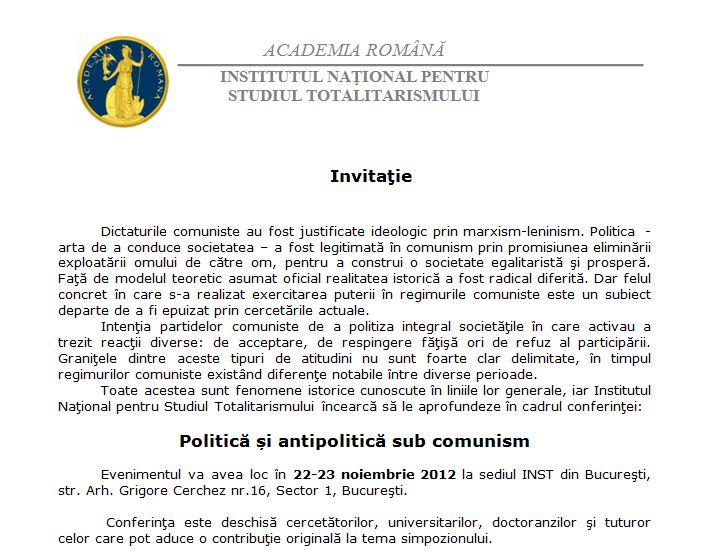 Conferinta INST Politica si antipolitica sub comunism
