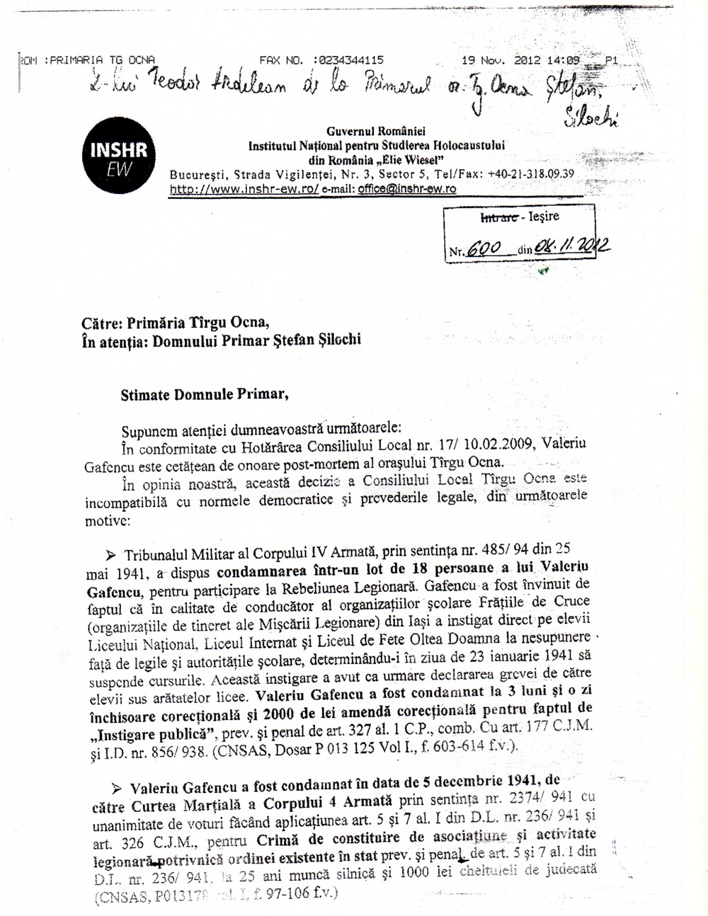 Adresa Institutul Elie Wiesel contra lui Valeriu Gafencu - Primaria Targu Ocna 1