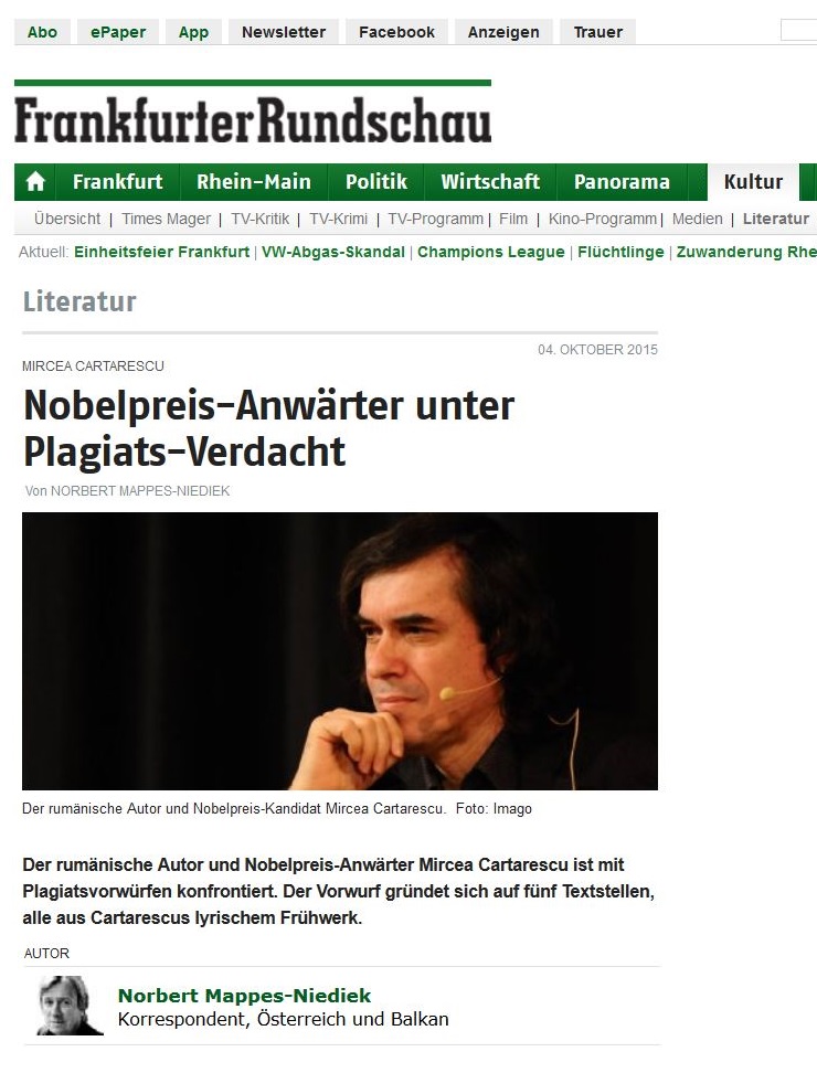 Mircea Cartarescu Plagiat Nobel Frankfurter Rundschau Oct 2015