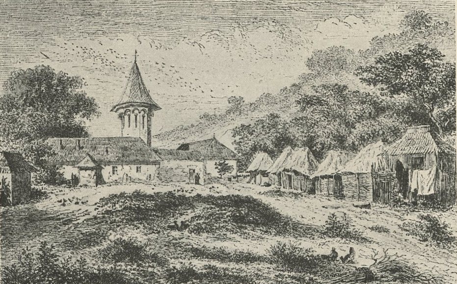 Mănăstirea Surpatele. Gravura de Auguste Lancelot. Perioada: 1850-1867. Sursa: Muzeul Național de Istorie a României