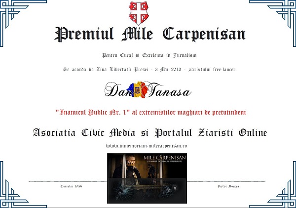 Diploma Premiul Mile Carpenisan 2013 - Asociatia Civic Media -  Dan Tanasa - Ziaristi Online