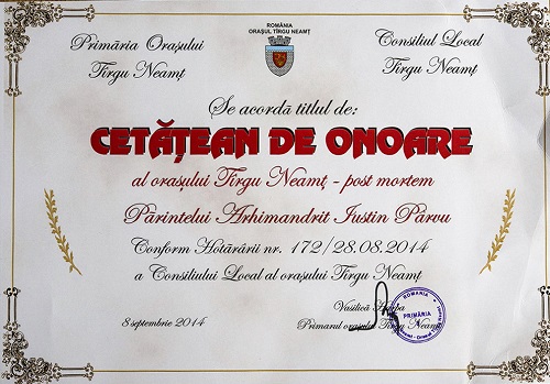 Diploma-Parintele-Justin-Parvu-Cetatean-de-Onoare-Targu-Neamt