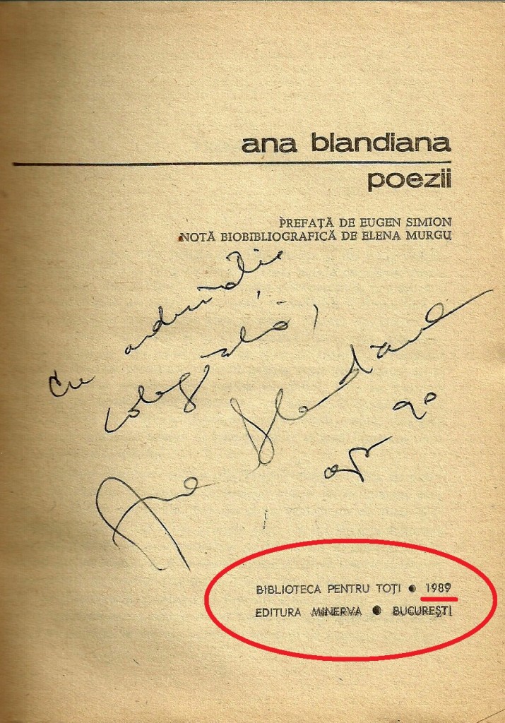 autograf ana blandiana poezii 1989