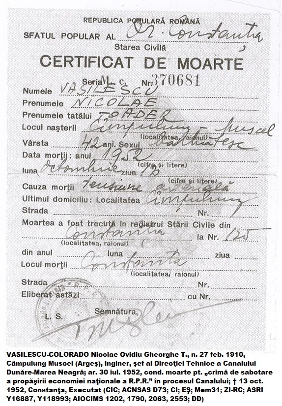 Certificat de deces - Vasilescu Nicolae Colorado - Executat